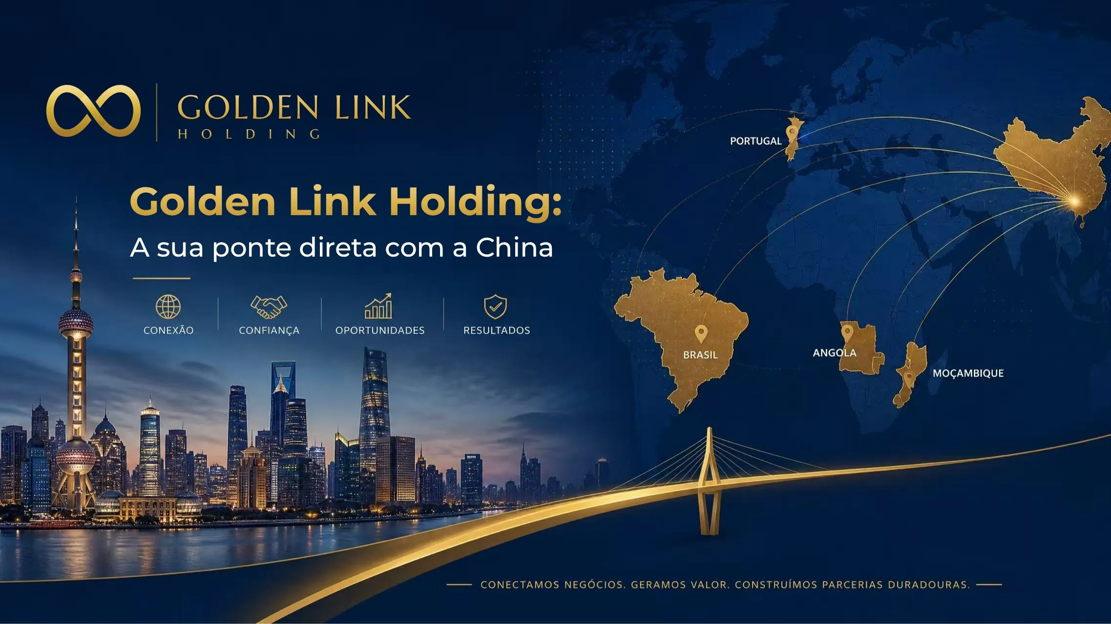 Golden Link Holding: a sua ponte direta com a China. Xangai à noite, mapa com ligações da China a Portugal, Brasil, Angola e Moçambique, e uma ponte dourada.
